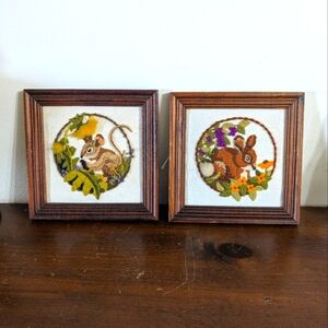 Vintage Crewel Pair Embroidered Woodland Animal Wall Art Set Rabbit Mouse